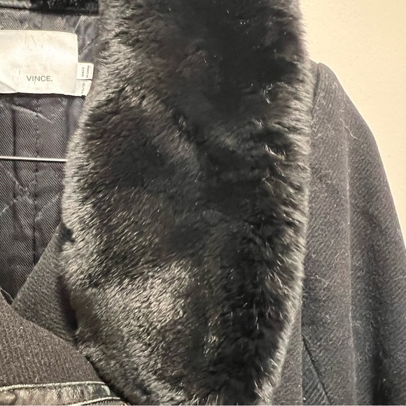 Vince Genuine Rabbit Fur Collar Lamb Leather Asymmetrical Wool Black Coat XS - Picture 6 of 16